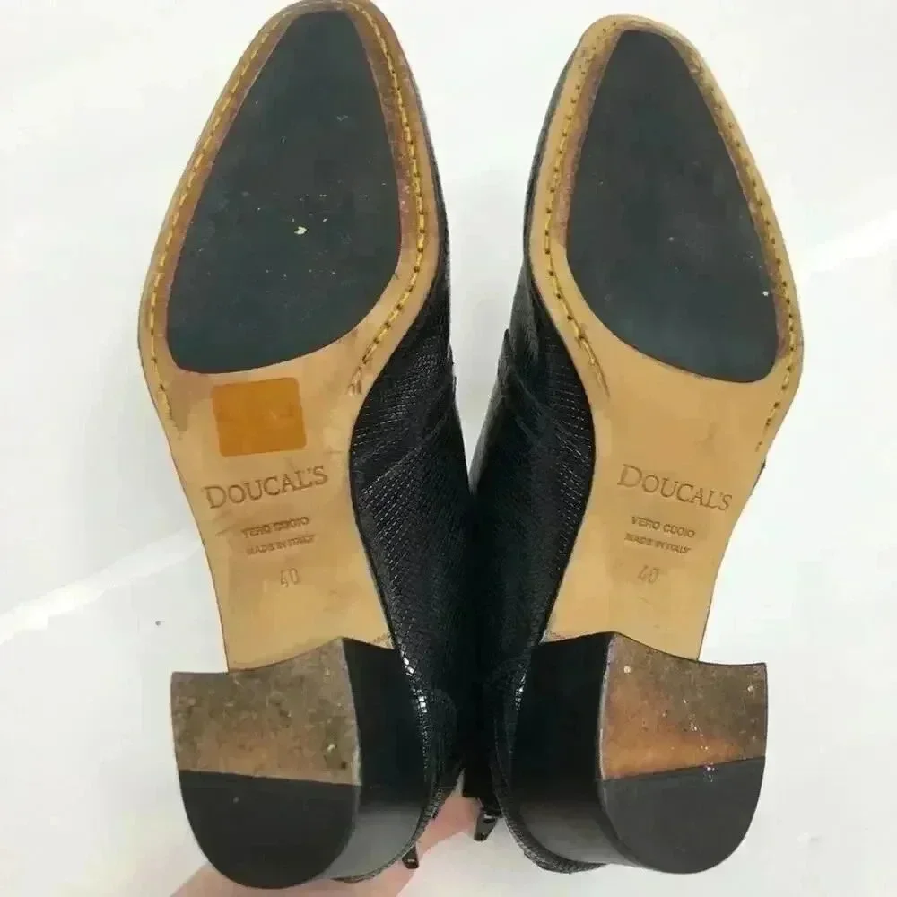 Doucal's Vintage Crocodile Print Leather Luxury Designer Black Booties Pointed